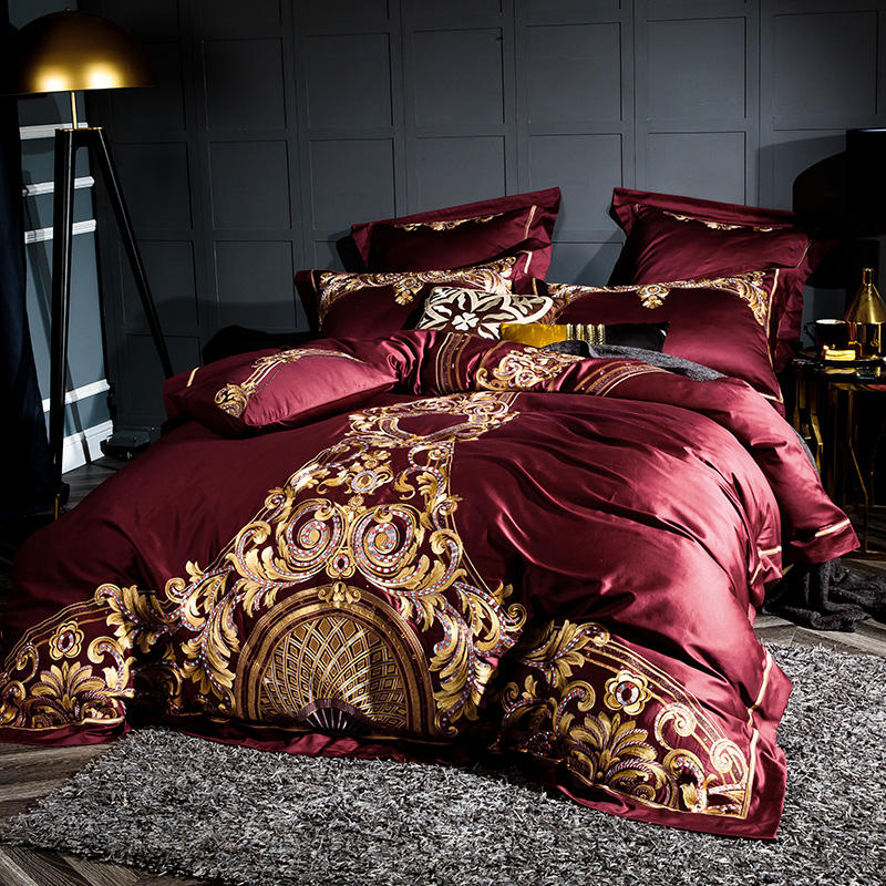 Lezkira Burgundy Red Luxury Egyptian Cotton Embroidery Duvet Cover Set Duvet Cover Set - Venetto Design Venettodesign.com