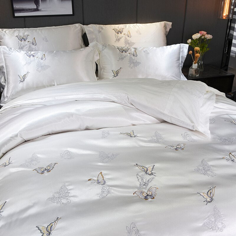 Mazeyna White Silver Silk Cotton Luxury Butterfly Duvet Cover set Duvet Cover Set - Venetto Design Venettodesign.com