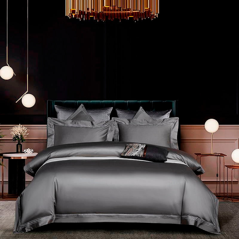 Leila Grey Embroidered Edge Egyptian Cotton Duvet Cover Set Duvet Cover Set - Venetto Design Queen / Flat Sheet / 4 Pieces Venettodesign.com