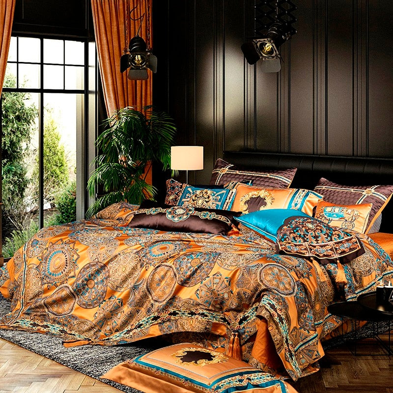 Omera Embroidered Tassel Rounded Jacquard Satin Duvet Cover Set Duvet Cover Set - Venetto Design Venettodesign.com