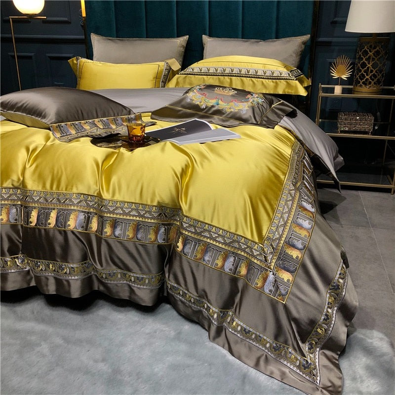 Hadi Embroidered Border Satin Duvet Cover Set Duvet Cover Set - Venetto Design Venettodesign.com