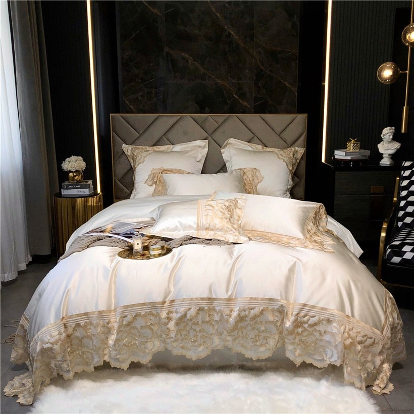 Joanna Scalloped Lace Edge Satin Egyptian Cotton Duvet Cover Set Duvet Cover Set - Venetto Design Venettodesign.com