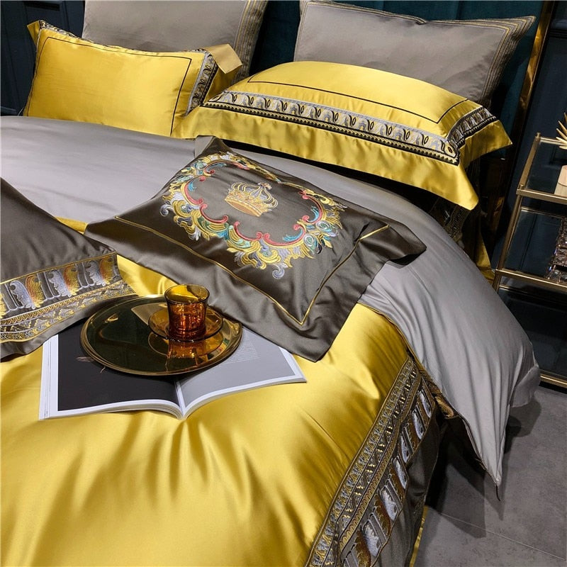 Hadi Embroidered Border Satin Duvet Cover Set Duvet Cover Set - Venetto Design Venettodesign.com