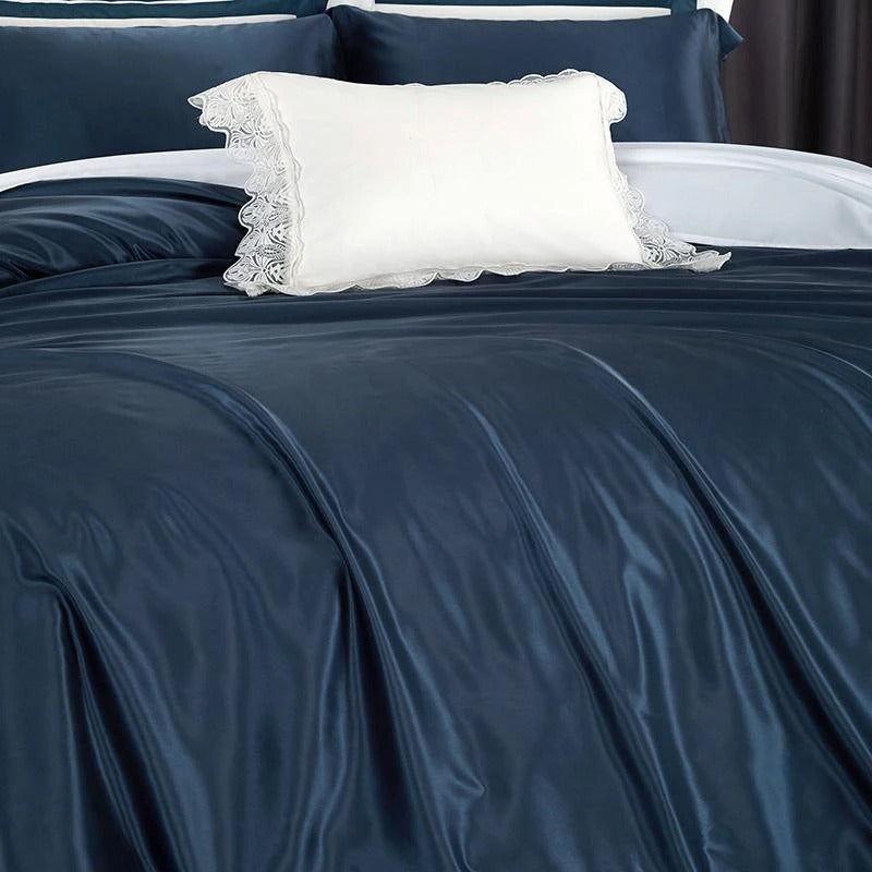 Eloise Navy Blue Luxury Pure Mulberry Silk Bedding Set Duvet Cover Set - Venetto Design Venettodesign.com