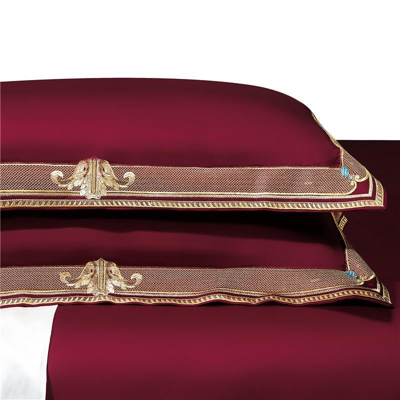 Anahi Red Embroidered Motif Border Egyptian Cotton Duvet Cover Set Duvet Cover Set - Venetto Design Venettodesign.com