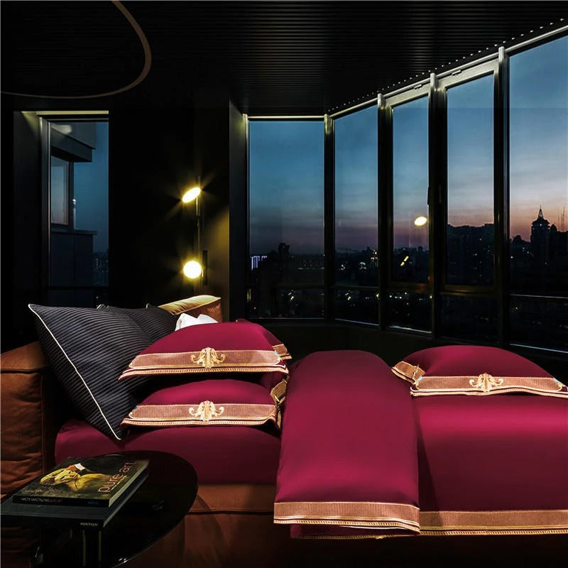 Anahi Red Embroidered Motif Border Egyptian Cotton Duvet Cover Set Duvet Cover Set - Venetto Design Venettodesign.com