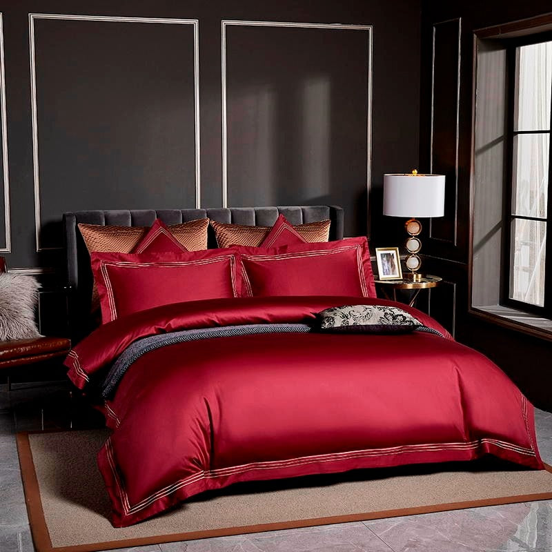 Leila Red Embroidered Edge Egyptian Cotton Duvet Cover Set Duvet Cover Set - Venetto Design Venettodesign.com