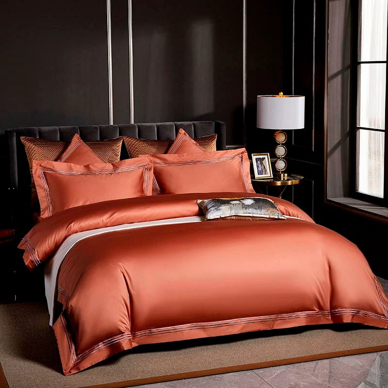 Leila Orange Embroidered Edge Egyptian Cotton Duvet Cover Set Duvet Cover Set - Venetto Design Venettodesign.com