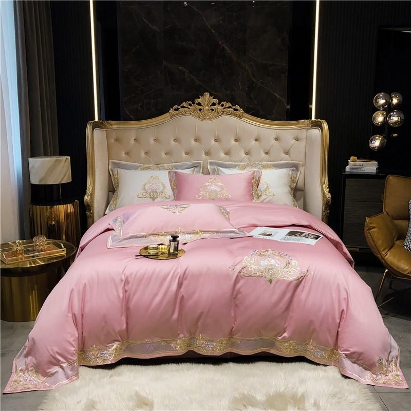 Pheliza Egyptian Cotton Embroidery Premium Luxury Duvet Cover Set Duvet Cover Set - Venetto Design Pink / King / 4 Pieces Venettodesign.com