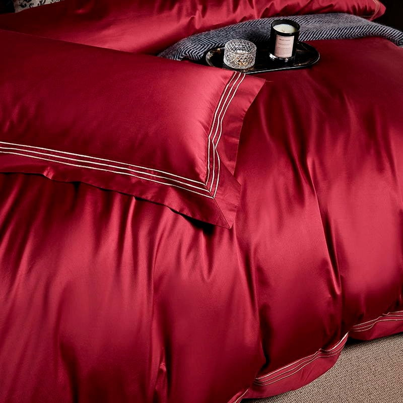 Leila Red Embroidered Edge Egyptian Cotton Duvet Cover Set Duvet Cover Set - Venetto Design Venettodesign.com