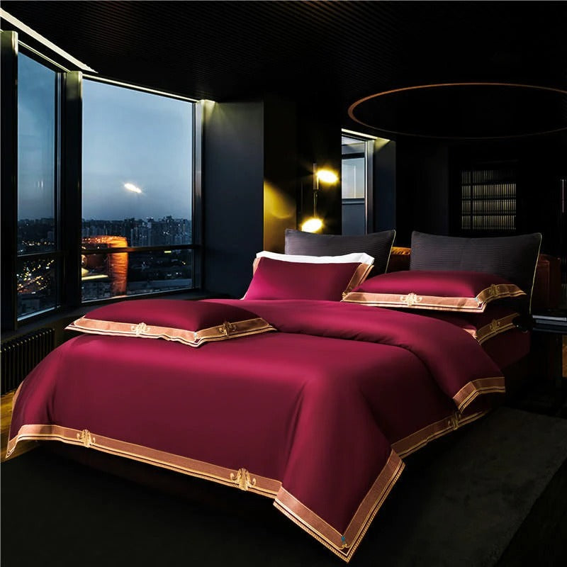 Anahi Red Embroidered Motif Border Egyptian Cotton Duvet Cover Set Duvet Cover Set - Venetto Design Venettodesign.com