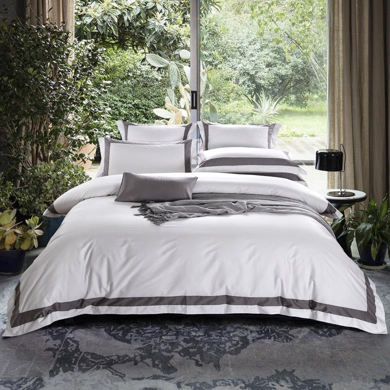 Degella Grey Stripe Egyptian Cotton Luxury White Duvet Cover Set Duvet Cover Set - Venetto Design Queen / Flat Sheet / 4 Pieces Venettodesign.com