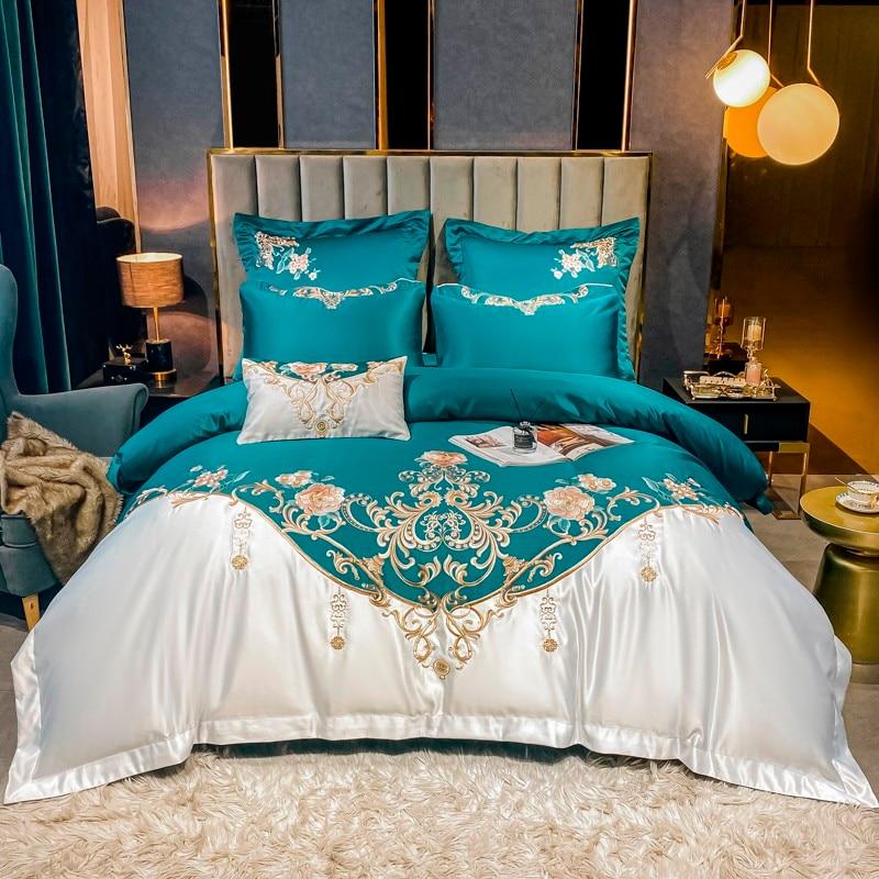 Domitia Turquoise Embroidery Egyptian Cotton Duvet Cover Set Duvet Cover Set - Venetto Design Queen - 4 Pieces / Fitted Sheet Venettodesign.com