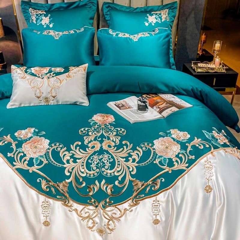Domitia Turquoise Embroidery Egyptian Cotton Duvet Cover Set Duvet Cover Set - Venetto Design Venettodesign.com