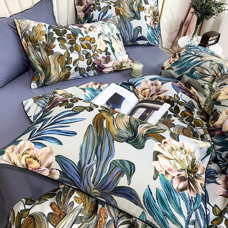 Arjoma Leaf Floral Egyptian Cotton Duvet Cover Set Duvet Cover Set - Venetto Design Venettodesign.com