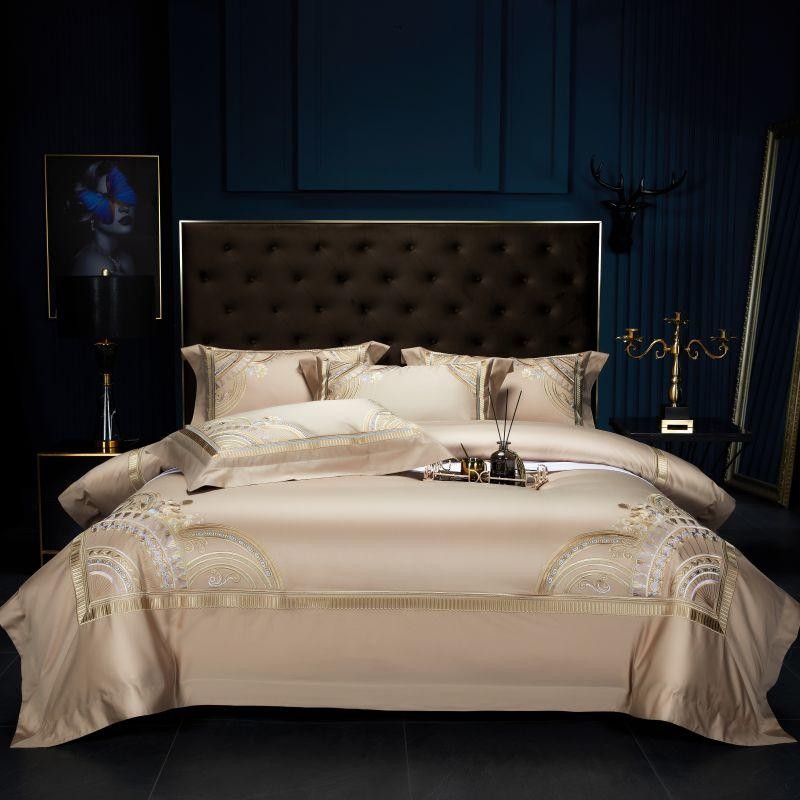 Mia Art Deco Embroidered Border Egyptian Cotton Duvet Cover Set Duvet Cover Set - Venetto Design King / Bristol Beige / Fitted Sheet Venettodesign.com