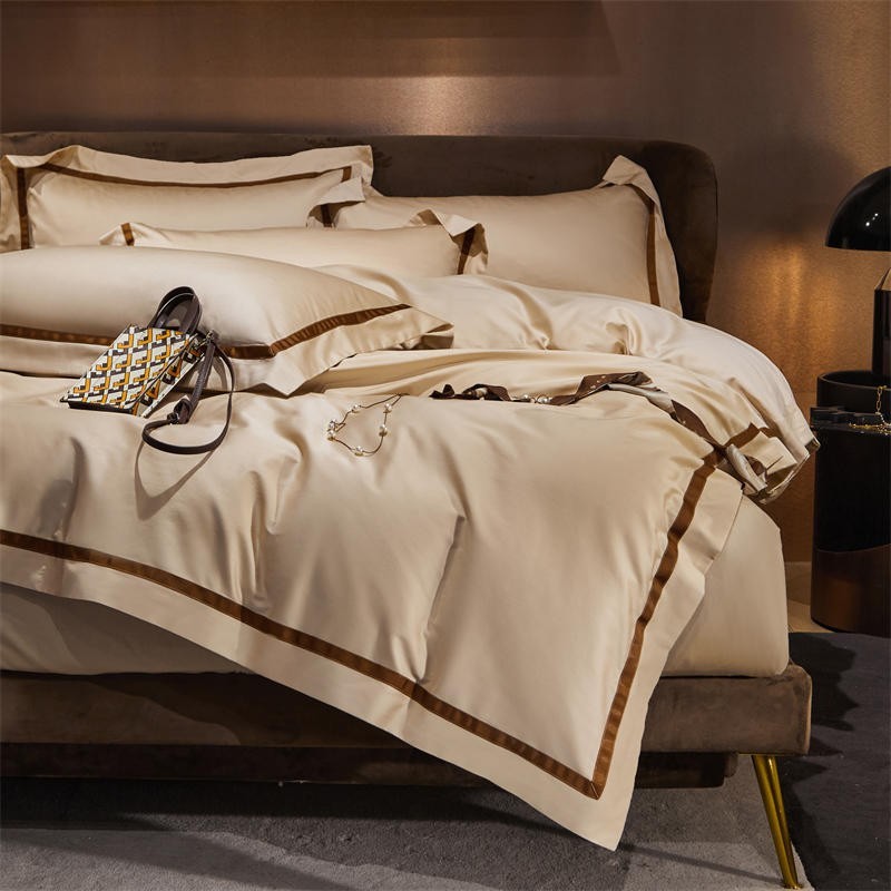 Brisa Contrasting Hotel Stripe Egyptian Cotton Duvet Cover Set Duvet Cover Set - Venetto Design Dark Vanilla / King | 4 Pieces / Fitted Sheet Venettodesign.com