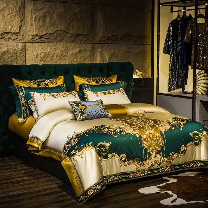 Rosalee Royal Gold And Green Embroidered Egyptian Cotton Duvet Cover Set Duvet Cover Set - Venetto Design Venettodesign.com
