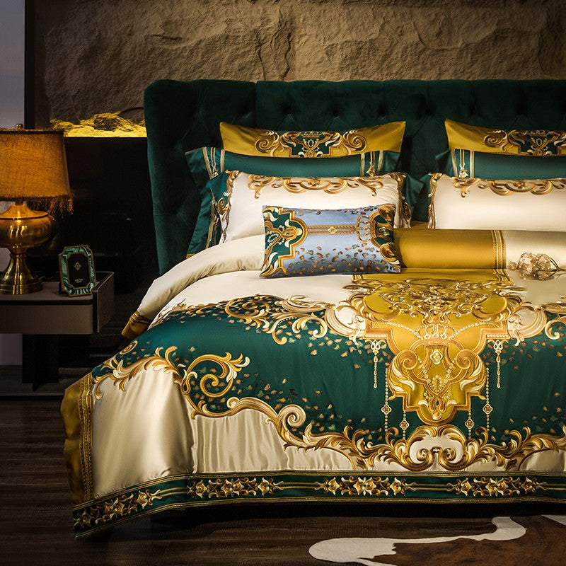 Rosalee Royal Gold And Green Embroidered Egyptian Cotton Duvet Cover Set Duvet Cover Set - Venetto Design Venettodesign.com