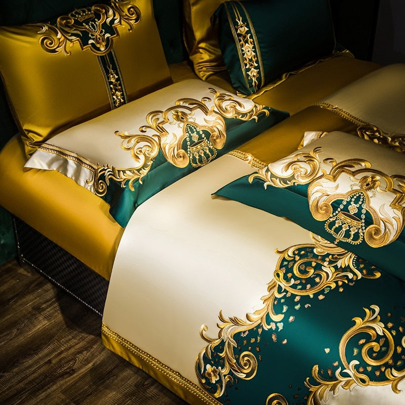 Rosalee Royal Gold And Green Embroidered Egyptian Cotton Duvet Cover Set Duvet Cover Set - Venetto Design Venettodesign.com
