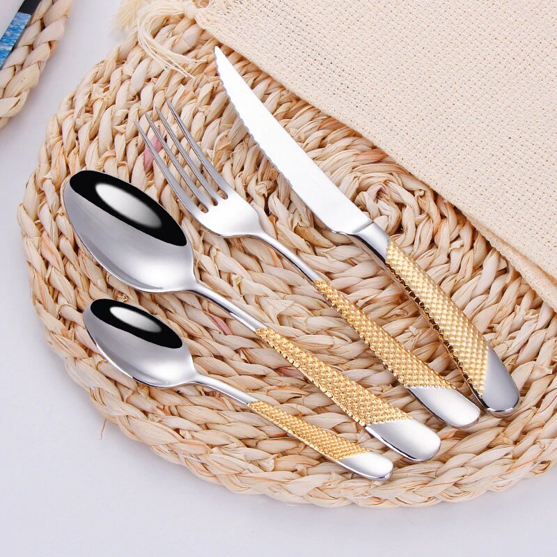 Ferran Gold Silver 18/10 Stainless Steel Cutlery Set with Diagonal Textured Handle - Venetto Design Venettodesign.com