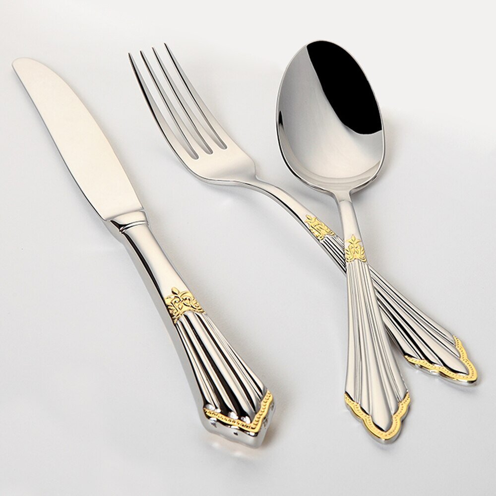 Orla Two-Tone Gold Silver Luxury 18/10 Stainless Steel Cutlery Set with Fluted Handle and Ornate Accent - Venetto Design 24 Pieces Venettodesign.com