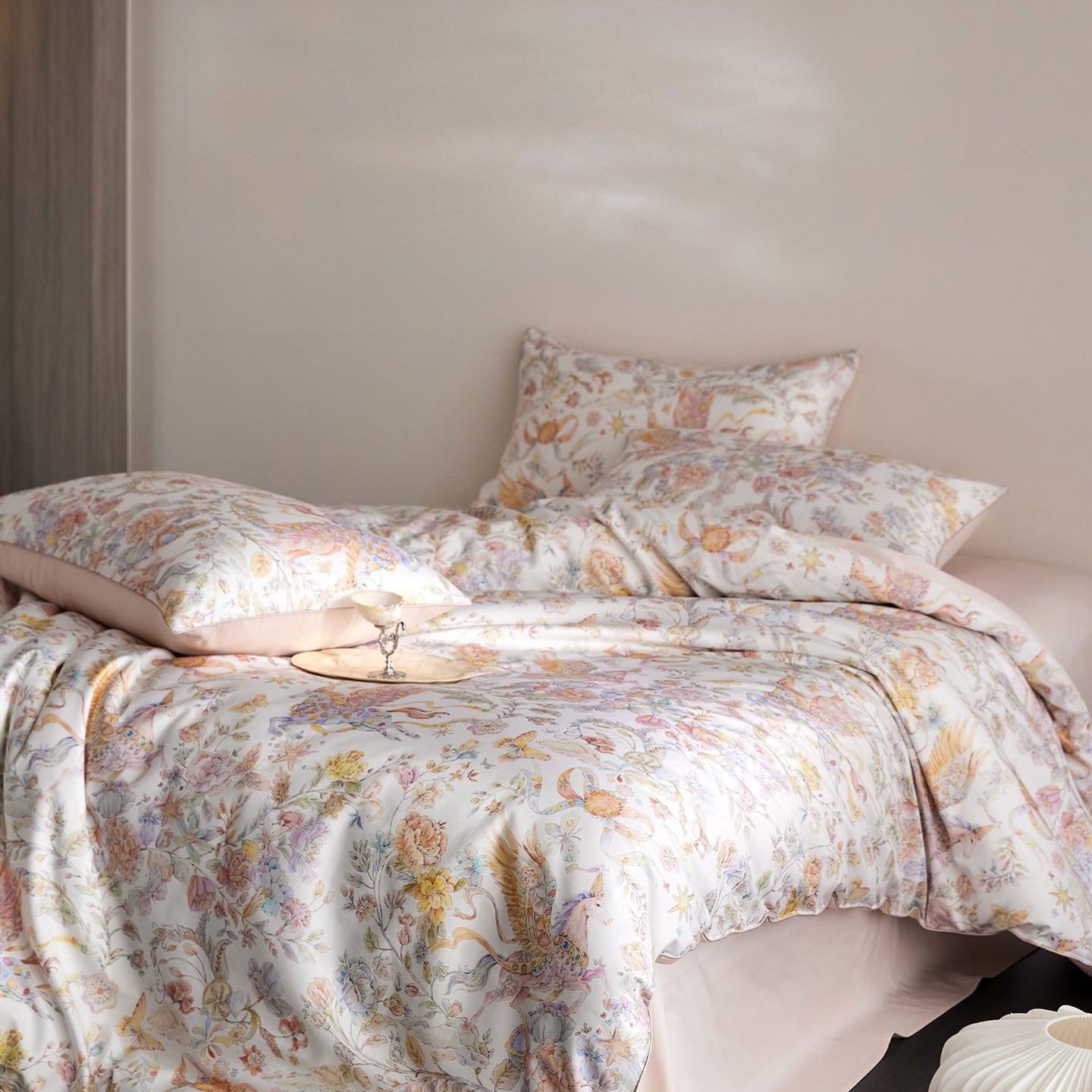Celestine Fairy Tale Luxury Egyptian Cotton Duvet Cover Set with Unicorn and Botanical Print - Venetto Design Venettodesign.com