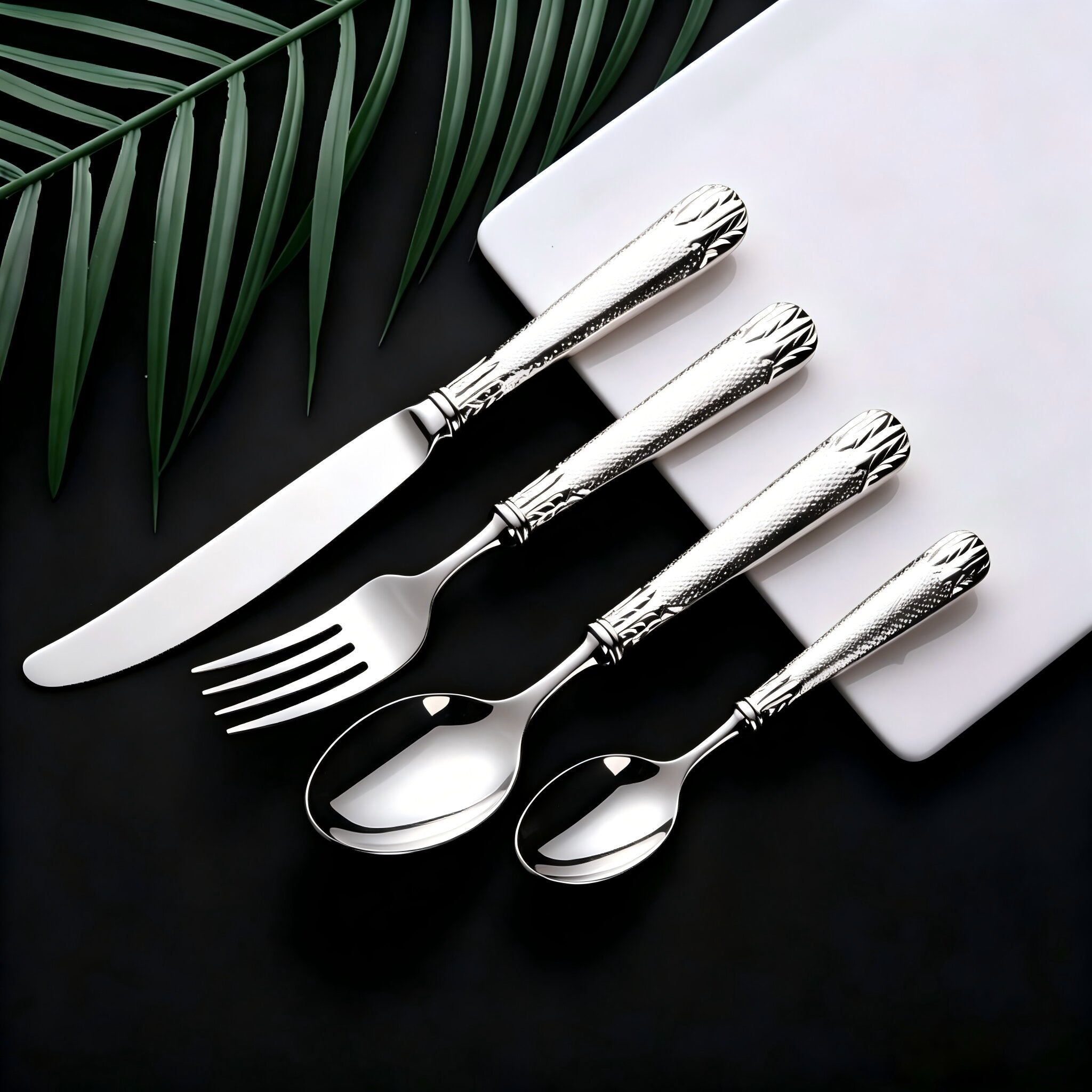 Elnoora Silver Luxury Engraved 18/10 Stainless Steel Cutlery Set with Guilloché Handle - Venetto Design Venettodesign.com