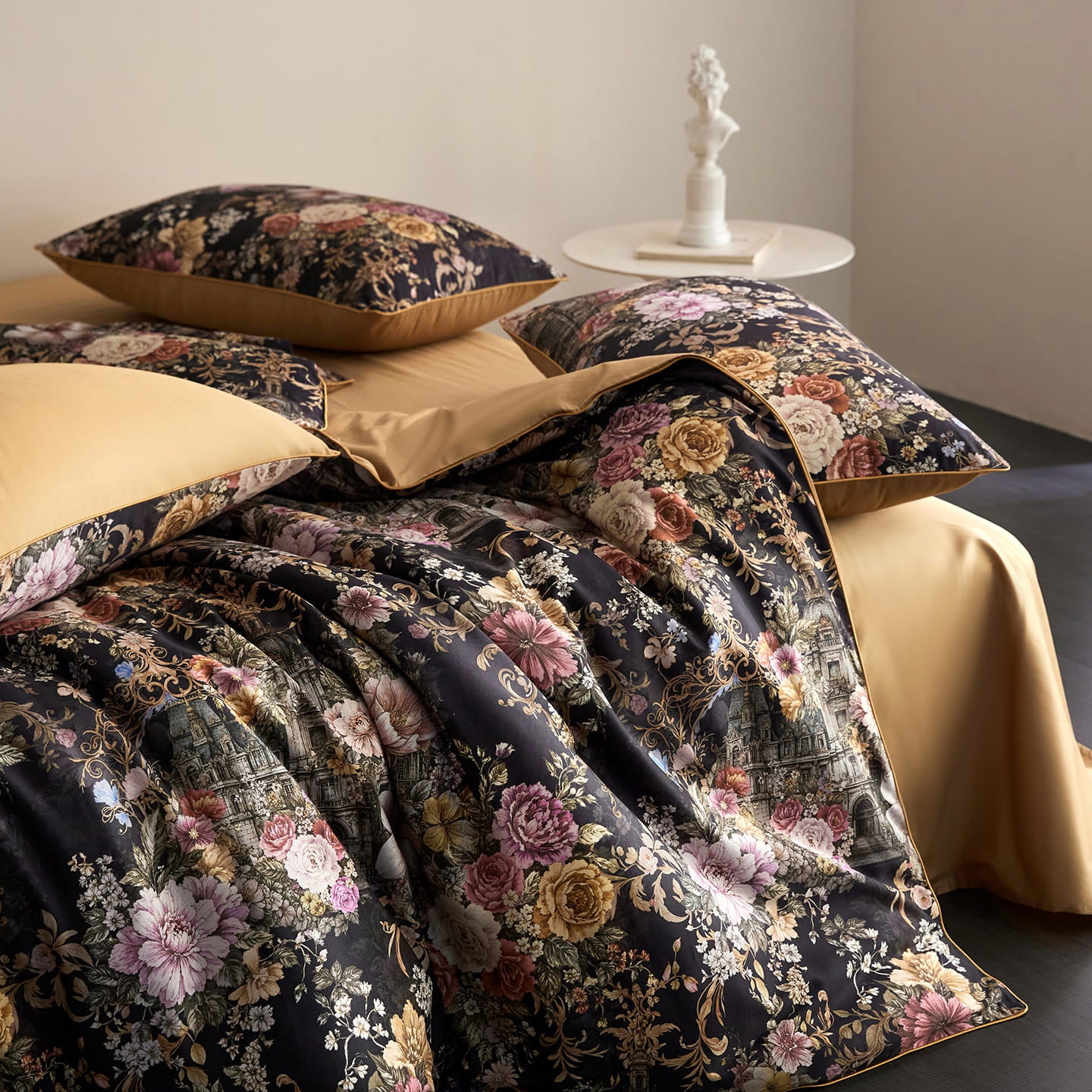 Cryria Midnight Garden Botanical Luxury Egyptian Cotton Duvet Cover Set with Floral, Baroque and European Architectural Print - Venetto Design Venettodesign.com