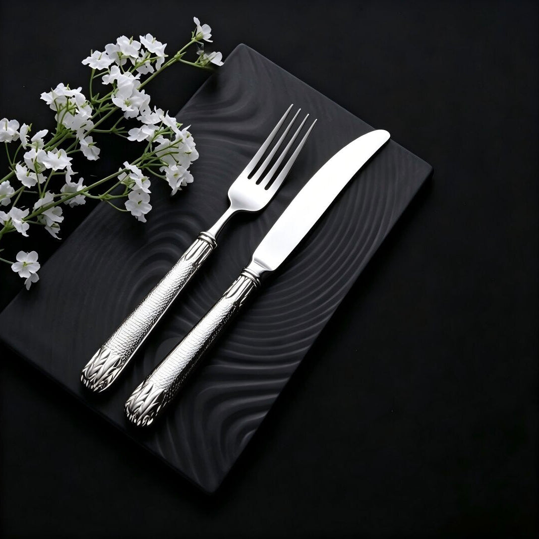 Elnoora Silver Luxury Engraved 18/10 Stainless Steel Cutlery Set with Guilloché Handle - Venetto Design Venettodesign.com