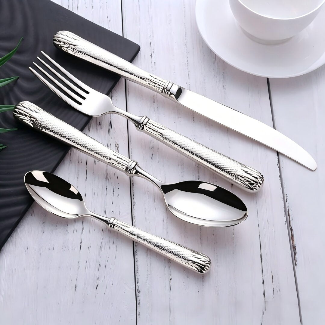 Elnoora Silver Luxury Engraved 18/10 Stainless Steel Cutlery Set with Guilloché Handle - Venetto Design Venettodesign.com