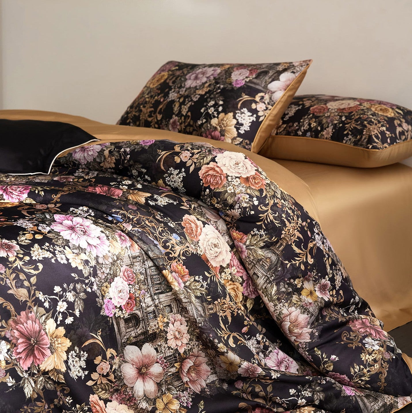 Cryria Midnight Garden Botanical Luxury Egyptian Cotton Duvet Cover Set with Floral, Baroque and European Architectural Print - Venetto Design Venettodesign.com
