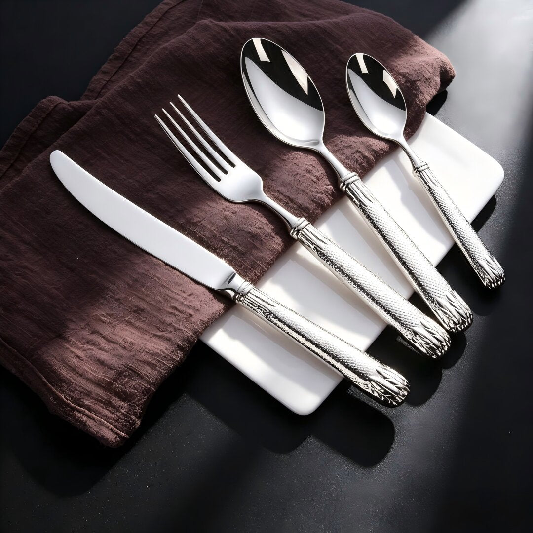 Elnoora Silver Luxury Engraved 18/10 Stainless Steel Cutlery Set with Guilloché Handle - Venetto Design Venettodesign.com