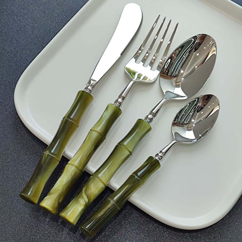 Zen Luxury 18/10 Stainless Steel Cutlery Set with Acrylic Bamboo-Inspired Handle - Venetto Design Venettodesign.com