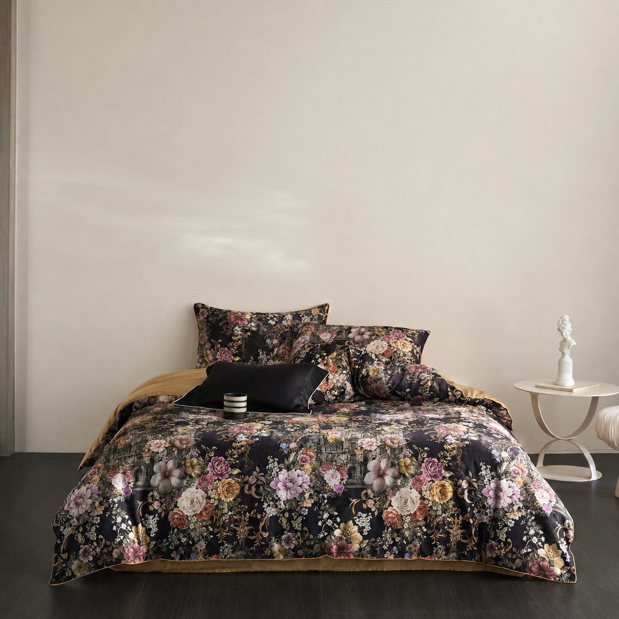 Cryria Midnight Garden Botanical Luxury Egyptian Cotton Duvet Cover Set with Floral, Baroque and European Architectural Print - Venetto Design Venettodesign.com