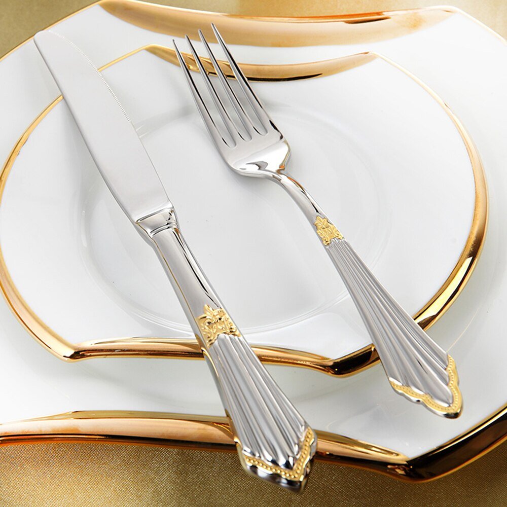 Orla Two-Tone Gold Silver Luxury 18/10 Stainless Steel Cutlery Set with Fluted Handle and Ornate Accent - Venetto Design 24 Pieces Venettodesign.com