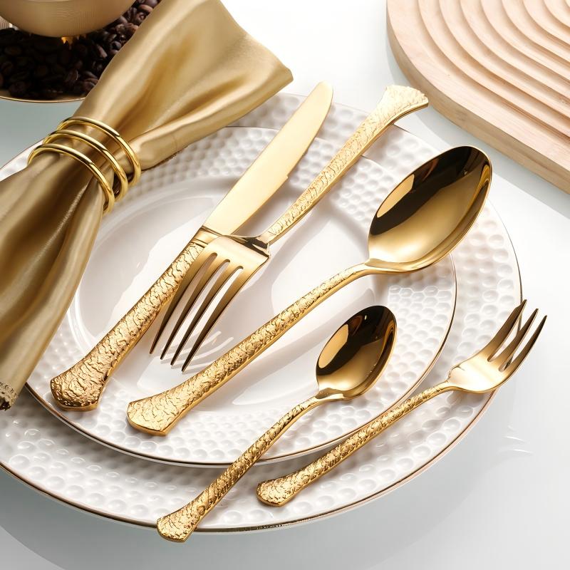 Aurora Gold 18/10 Stainless Steel Cutlery Set with Hammered Handle Flatware - Venetto Design Venettodesign.com
