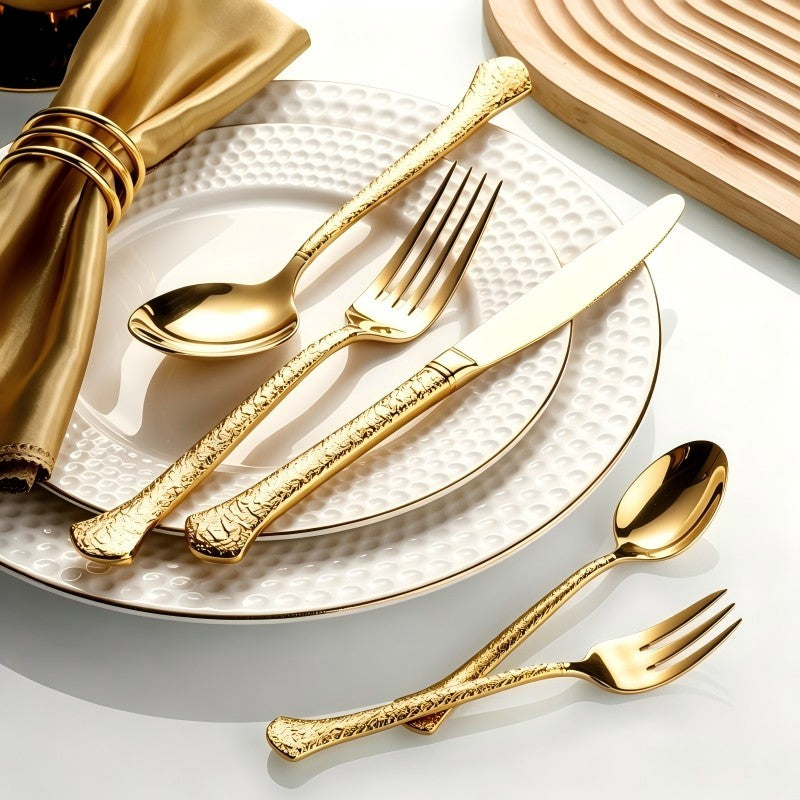 Aurora Gold 18/10 Stainless Steel Cutlery Set with Hammered Handle Flatware - Venetto Design Venettodesign.com