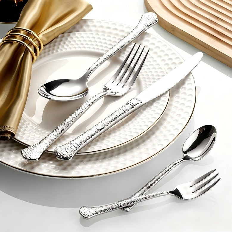 Aurora Silver 18/10 Stainless Steel Cutlery Set with Hammered Handle Flatware - Venetto Design Venettodesign.com
