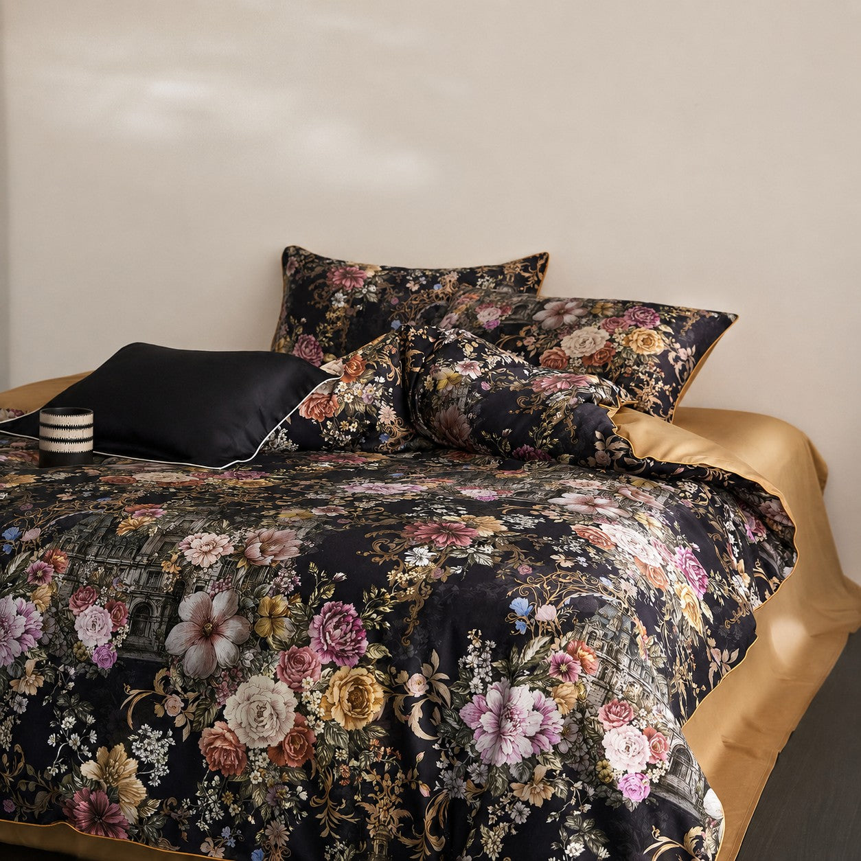 Cryria Midnight Garden Botanical Luxury Egyptian Cotton Duvet Cover Set with Floral, Baroque and European Architectural Print - Venetto Design Venettodesign.com