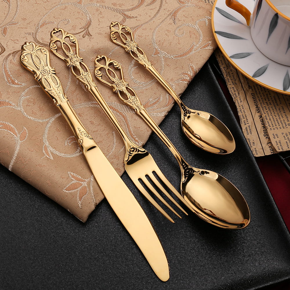 Dalia Gold 18/10 Stainless Steel Cutlery Set with Baroque-Inspired Handle Flatware and Box Case - Venetto Design Venettodesign.com