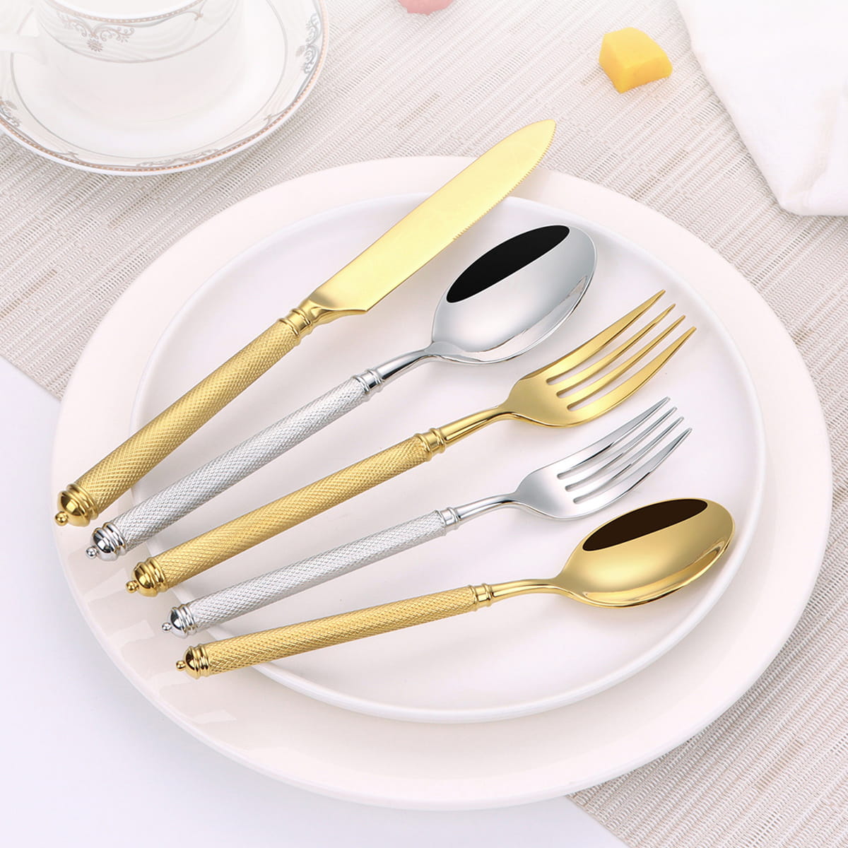 Naila Gold/Silver 18/10 Stainless Steel Cutlery Set with Textured Handle - Venetto Design Venettodesign.com