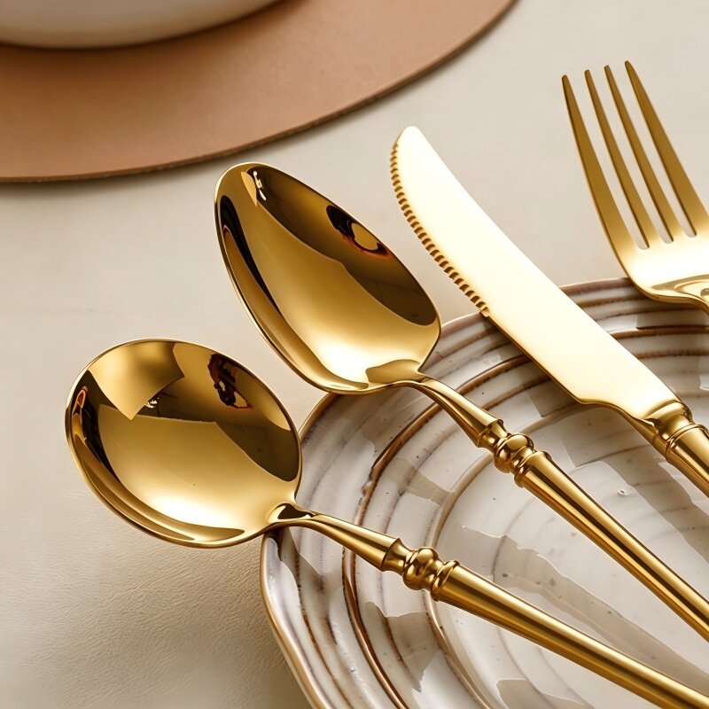 Xena Gold Luxury 18/10 Stainless Steel Cutlery Set with Baluster Detailing Handle - Venetto Design Venettodesign.com