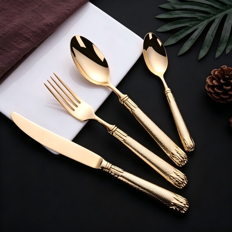 Elnoora Gold Luxury Engraved 18/10 Stainless Steel Cutlery Set with Guilloché Handle - Venetto Design Venettodesign.com