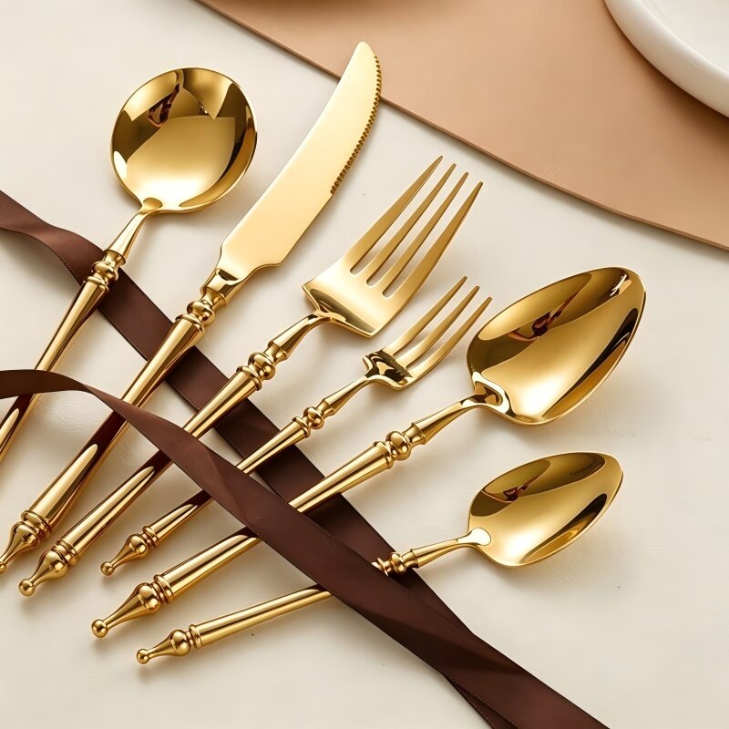Xena Gold Luxury 18/10 Stainless Steel Cutlery Set with Baluster Detailing Handle - Venetto Design Venettodesign.com