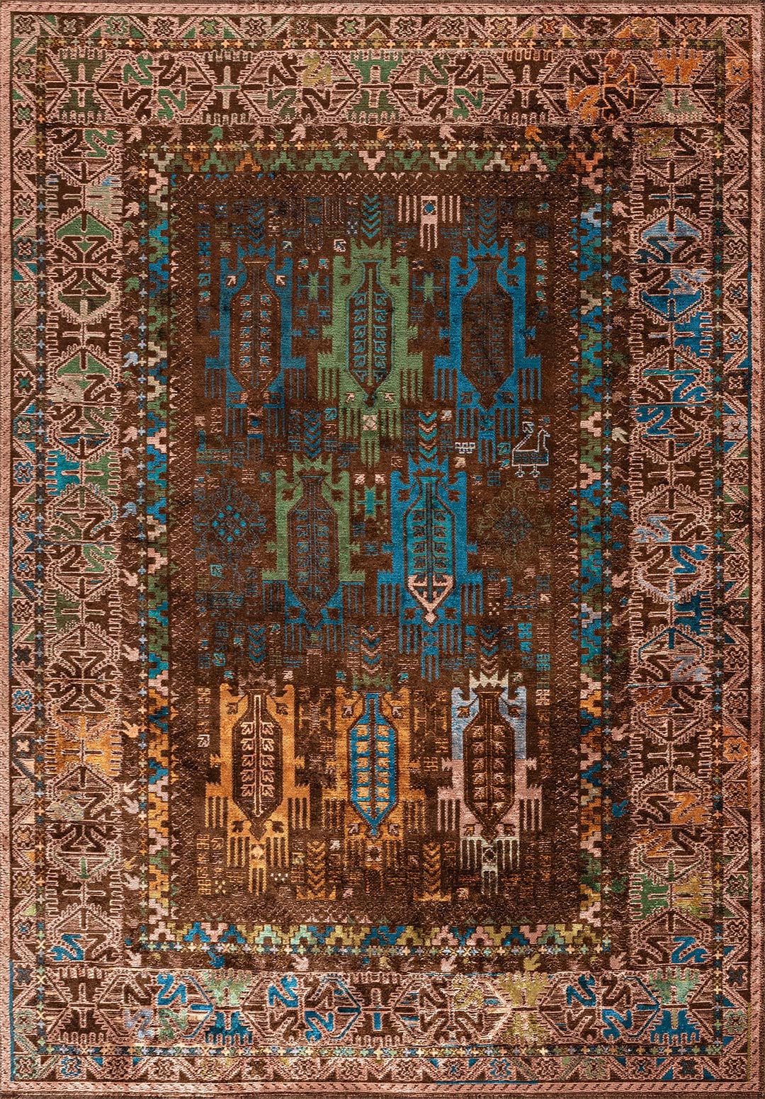 Folk Dark Brown - Cyan Rug