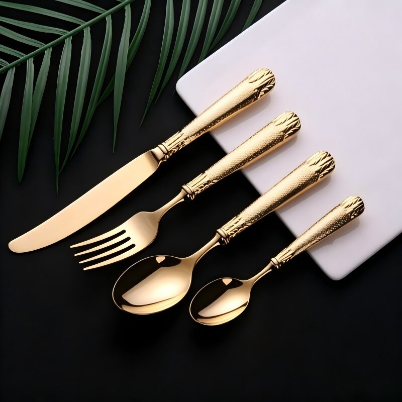Elnoora Gold Luxury Engraved 18/10 Stainless Steel Cutlery Set with Guilloché Handle - Venetto Design Venettodesign.com