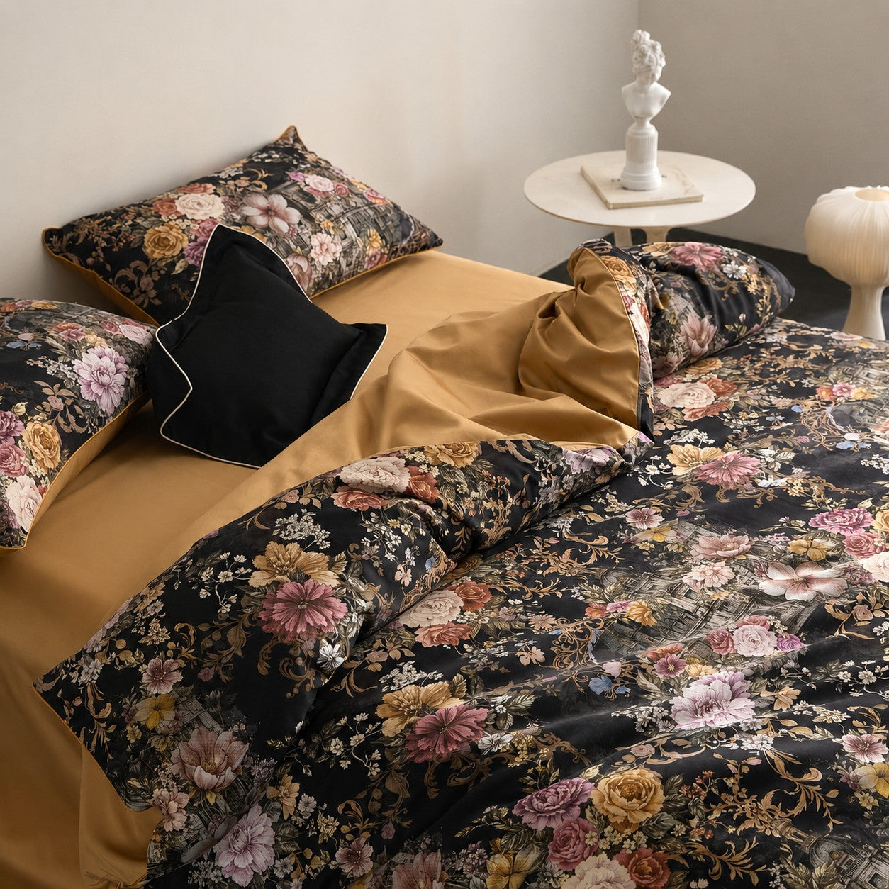 Cryria Midnight Garden Botanical Luxury Egyptian Cotton Duvet Cover Set with Floral, Baroque and European Architectural Print - Venetto Design Venettodesign.com