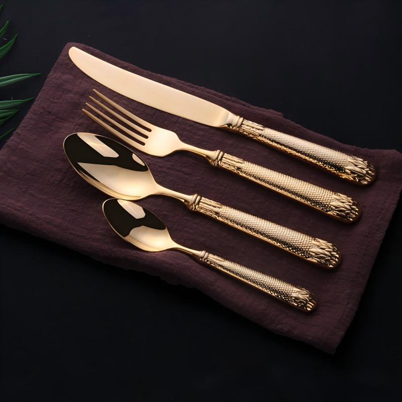 Elnoora Gold Luxury Engraved 18/10 Stainless Steel Cutlery Set with Guilloché Handle - Venetto Design Venettodesign.com