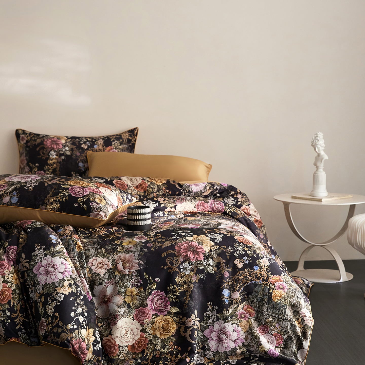 Cryria Midnight Garden Botanical Luxury Egyptian Cotton Duvet Cover Set with Floral, Baroque and European Architectural Print - Venetto Design Venettodesign.com